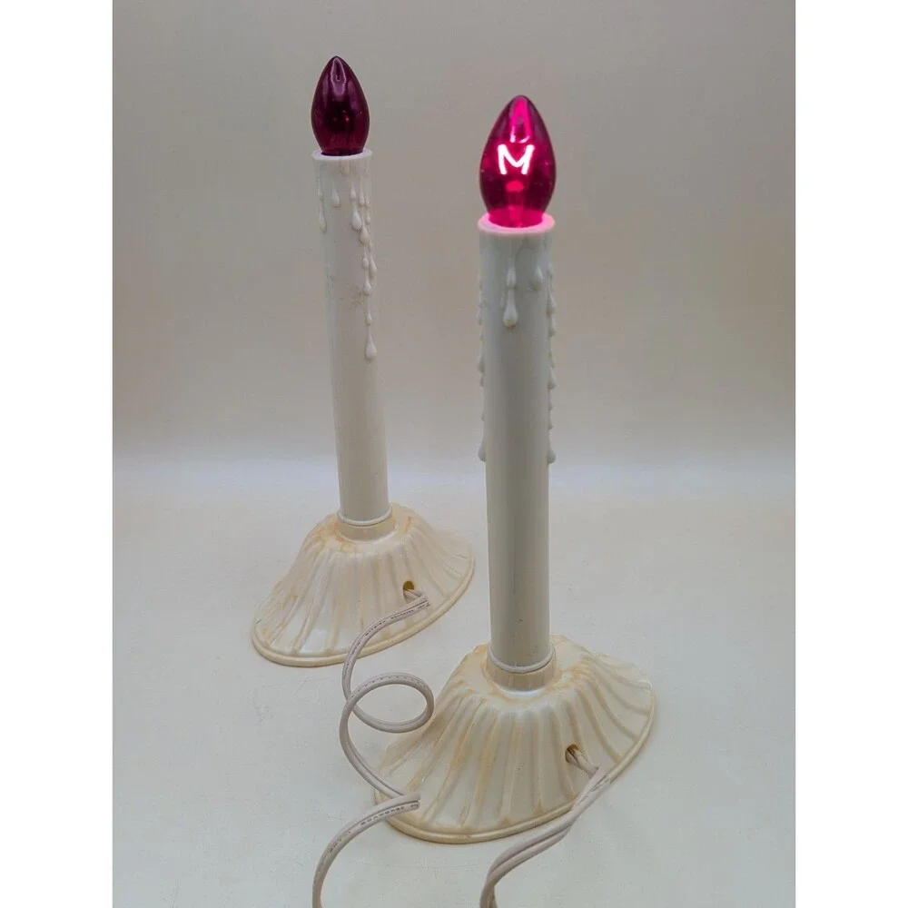 Vintage Christmas Electric Window Candles Lot of 2 Plastic Faux Wax Drip Red